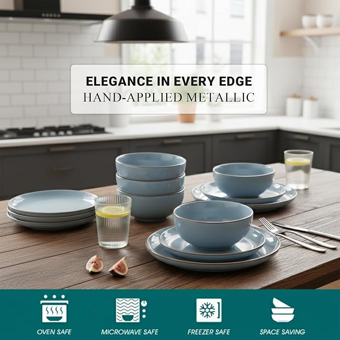 Dinner Set 16 PCS – Premium Ceramic Tableware in Blue – Includes 4 Dinner Plates, 4 Side Plates, 4 Rice Bowls & 4 Soup Bowls – Durable, Stylish & Microwave Safe