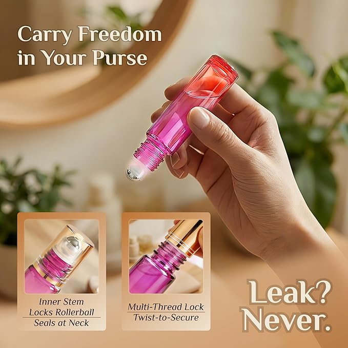 PrettyCare 12 Pack, 10 ml Essential Oil Roller Bottles with Stainless Steel Roller Ball - Refillable Leak-proof Empty Thick Red & Purple Glass Roll on Bottles with Golden Caps for Travel, Perfume