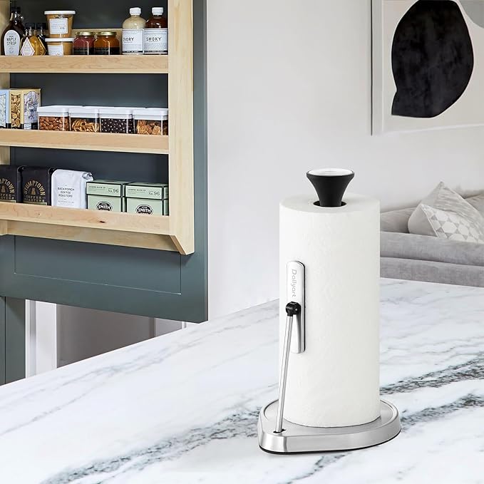 Dailyart Paper Towel Holder Stand for One Hand Tear with Tension Arm, Heavy Duty Paper Towel Holder Countertop with 2.65lb Weighted Base, Kitchen Paper Towel Holders Counter Fit Most Size Paper Roll