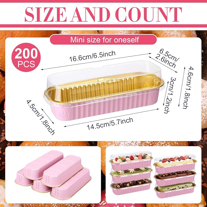 Qunclay 200 Pcs Aluminum Foil Mini Loaf Pans with Lids 6.8 oz Disposable Mini Cake Pan with Lid Rectangle Baking Cups for Party Muffin Cheesecake Ramekins(Pink, Gold)