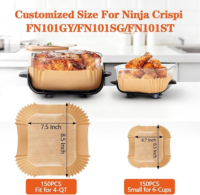 UBeesize Parchment Liners for Ninja Crispi Air Fryer, Disposable 300 (150+150) PCS Ninja Crispi Accessories for Ninja Crispi 4-in-1 Portable Glass, Non-Stick Unbleached Paper Liners
