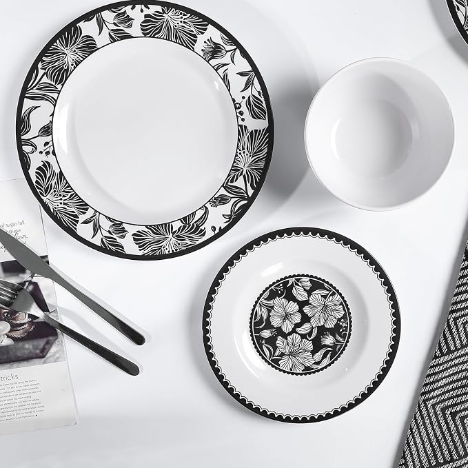 Melamine Dinnerware Sets 12pcs-Melamine Plates and Bowls Set Black Flower Lily Pattern Indoor Outdoor Use Unbreakable Dishwasher Safe