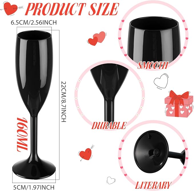 Domensi 60 Pack Black Acrylic Champagne Flutes Bulk 6 oz Unbreakable Reusable High Stem Plastic Toasting Goblets for Wedding, Party, Camping & Restaurant