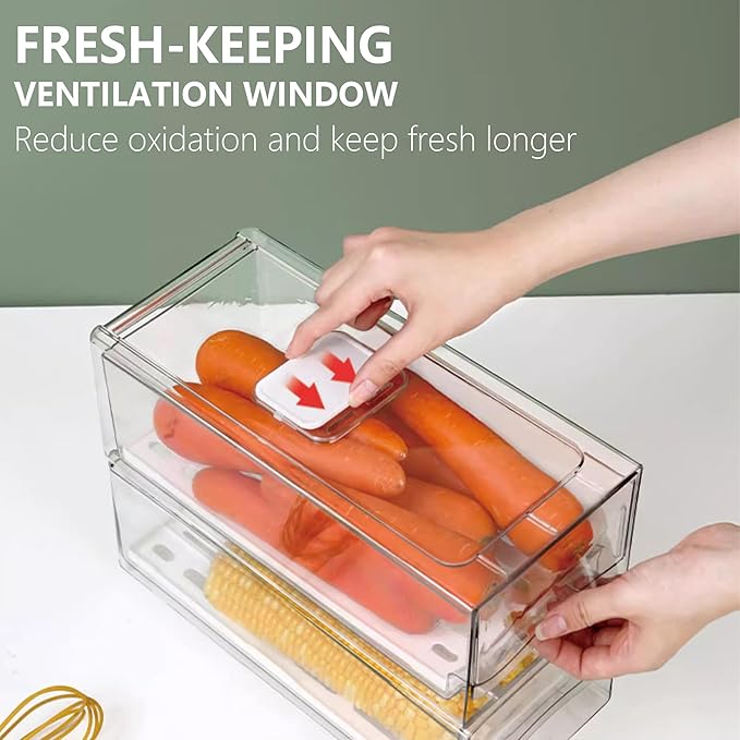 bealy 2 Pack Fruit Storage Containers for Fridge,Stackable Fridge Organizer,Clear Refrigerator Organizers with Pull Out Drawer for Fruit, Produce, Vegetables, Drinks, Snack and Food Storage,BPA Free