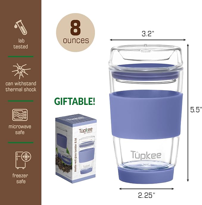 Double Wall All Glass Tumbler - 8-Ounce, Reusable Insulated Tea/Coffee Mug & Lid, Hand Blown Glass Travel Mug - Jacaranda - 2 Pack