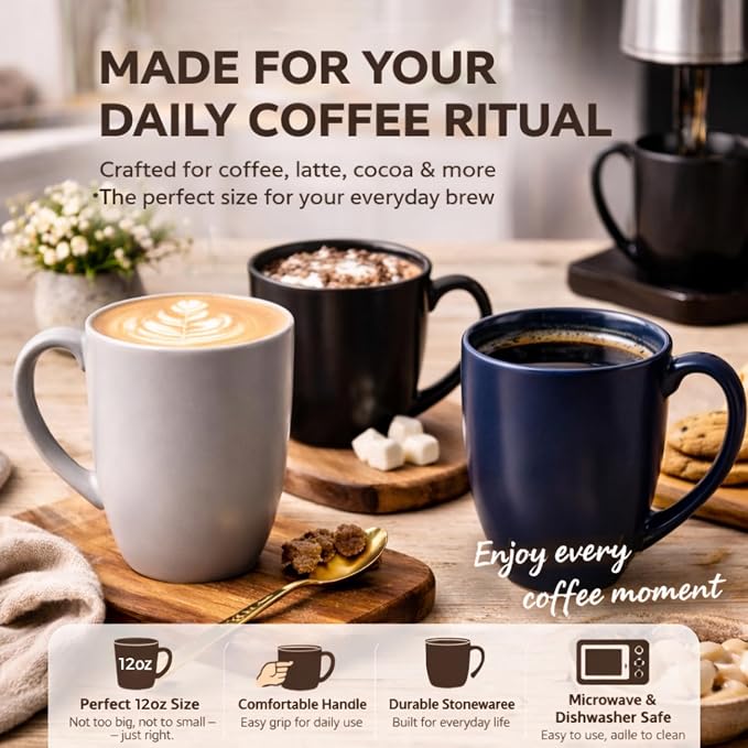 AmorArc 12 oz Coffee Mugs Set of 6, Ceramic coffee mugs with large handle for Men Women, Coffee Mugs for Coffee,Tea,Latte,Cocoa. Easy to Hold&Clean, Dishwasher&Microwave Safe, Matte Grey