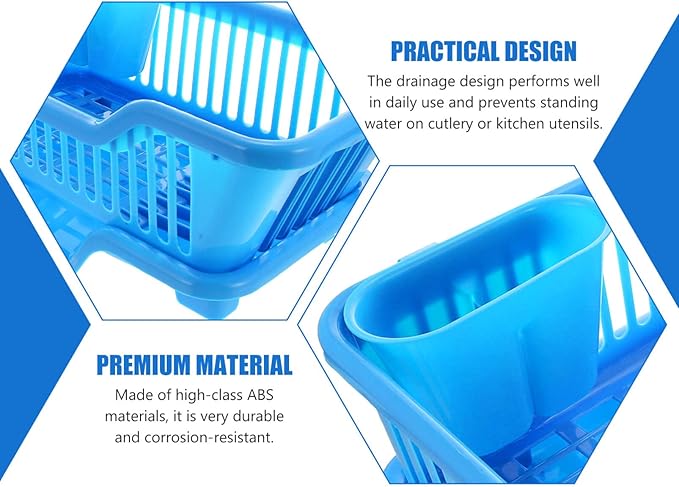 IMIKEYA Sink Dish Rack Drainer Plastic Dish Drying Draining Rack Over The Sink Kitchen Tableware Drying Basket with Cutlery Holder for Kitchen Counter Blue
