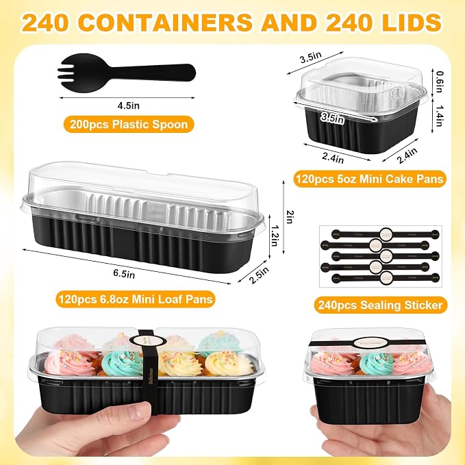 LemonRoad 240 Pcs Mini Loaf Pan with Lids and Spoons 6.8oz Rectangular Aluminum Foil Bread Pan 5oz Square Cake Cup with Decal Disposable Baking Supply for Graduate Wedding Birthday (Black,Gold)