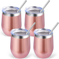Volhoply 12oz Stainless Steel Wine Tumbler with Lid Bulk 4 Pack,Double Wall Vacuum Stemless Wine Glasses,Reusable Metal Travel Coffe Mug with Straw,Insulated Cup Gifts for Christmas（Rose Gold,4 Set）