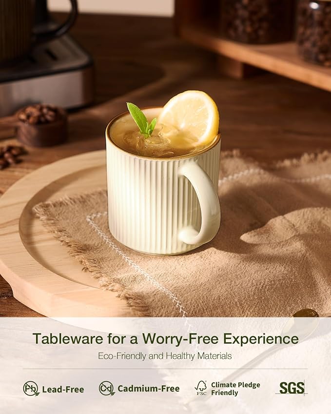 famiware Coffee Mug Set for 4, Star 12 oz Catering Mugs Cup Set with Handle for Coffee, Tea, Cocoa, Milk - Ceramic Stoneware Drinkware Set, Vanilla White