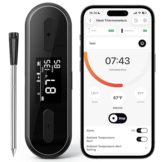 Ultrean Smart Wireless Meat Thermometer for Grilling, Instant Read Digital Thermometer, Independent-Control Magnetic Base & Thin Probe, Accurate Temperature Alerts for BBQ, Oven, Smoker, Air Fryer
