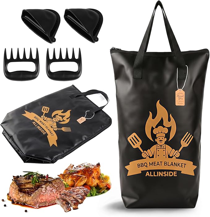 Allinside BBQ Blanket for Resting Meat - Extra Large Insulated Meat Resting Bag with 2 Meat Shredder Claws, 2 Silicone Heat-Resistant Gloves, Greeting Card & Lanyard | Reusable Grilling Accessory