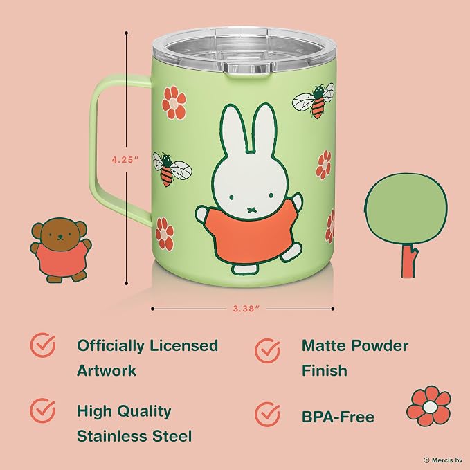 Dragon Glassware | Miffy Stainless Steel Camp Mug with Lid, 12 oz - Green | Nijntje Insulated Camping Mug For Coffee, Tea, Matcha & Hot Beverages; Miff Mug with Lid