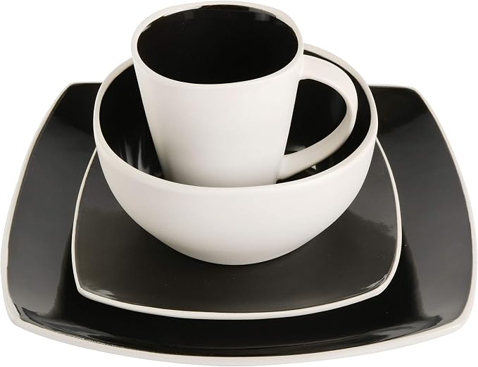 Gibson Soho Lounge Square Reactive Glaze Stoneware Dinnerware Set, Service for 4 (16pc), Black/white