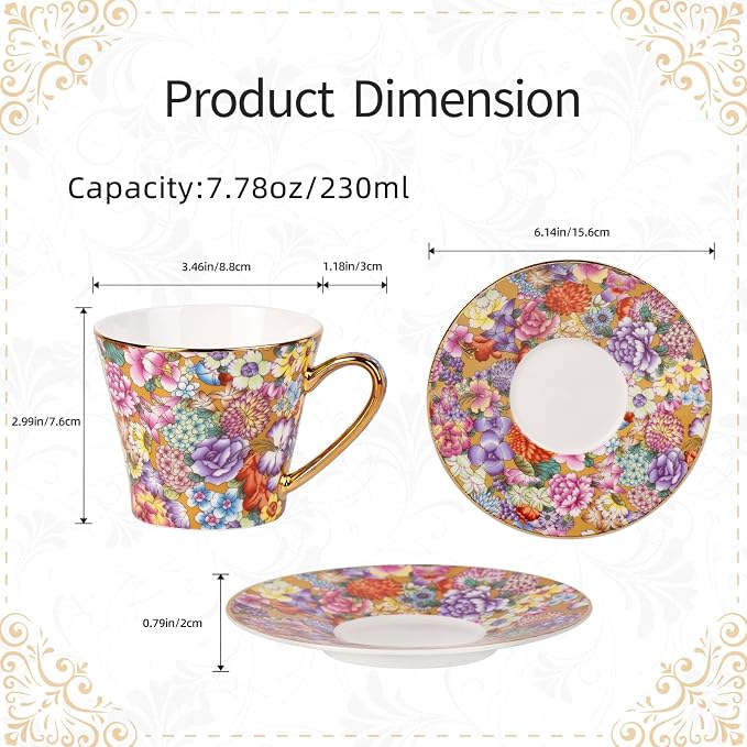 KAMMAK Tea Cups and Saucers Set of 2, Porcelain Coffee Cups, 7.5oz Stackable Espresso Mugs, Ceramic Demitasse for Coffee, Latte, Americano, Tea (637N+638N)