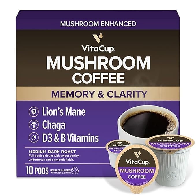VitaCup Mushroom Coffee Pods, Boost Focus & Immunity w/Lions Mane, Chaga, B Vitamins, D3 for Memory & Clarity, Medium Roast, Single Serve Pod Compatible w/Keurig K-Cup Brewers,10 Ct