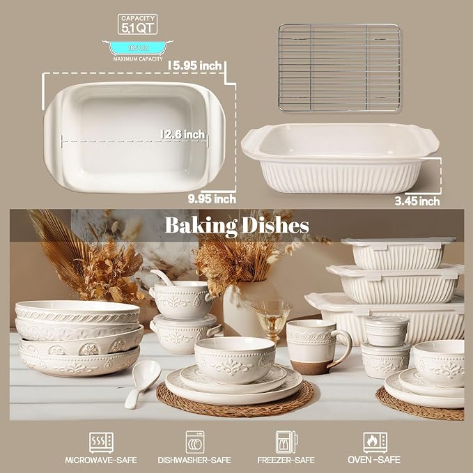 Artena Baking Dish 5.1 Quarts, Casserole Dishes For Oven, Baking Pan With Handles, Lasagna Pan Deep, Large Casserole Dish, Rectangular Ceramic Bakeware (White, With Rack)