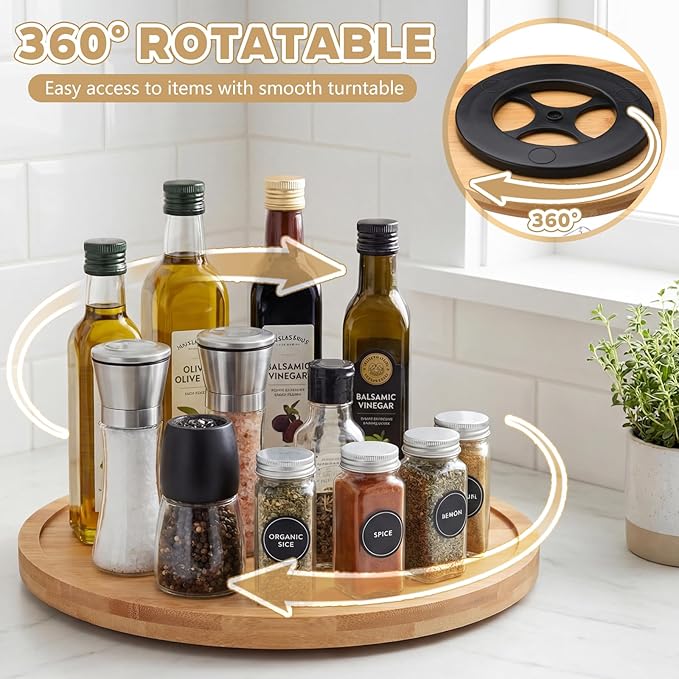 Novabright 3 Set 12'' 10'' 9'' Bamboo Lazy Susan Rotating Turntable Organizer Wooden 360 Degree Large Kitchen Tray for Counter Pantry Spice Pepper Olive Oil Table Organization and Storage