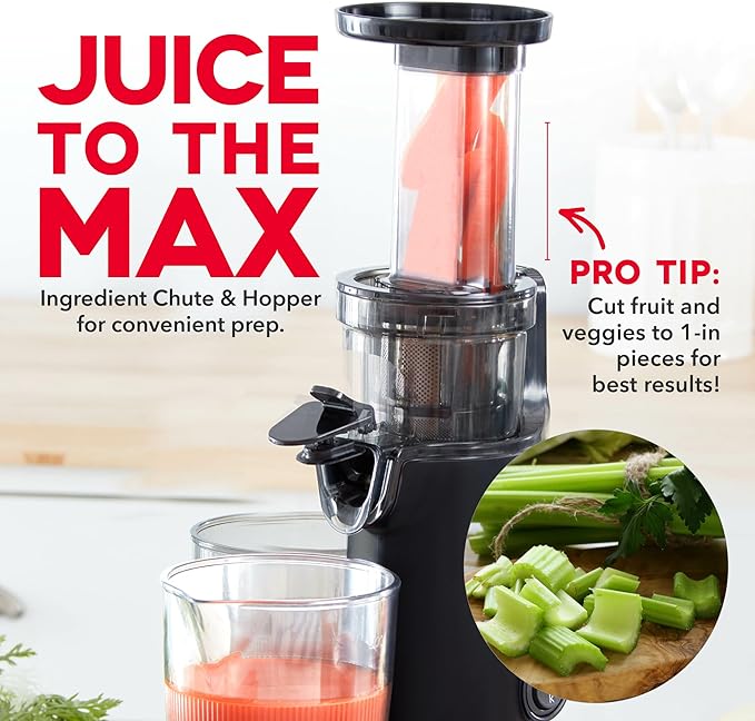 Dash Deluxe Compact Cold Press Juicer - Slow Masticating Juicer Machine for Fruits and Vegetables with Frozen Attachment - Easy to Clean Juice Press for Home Countertops - Black