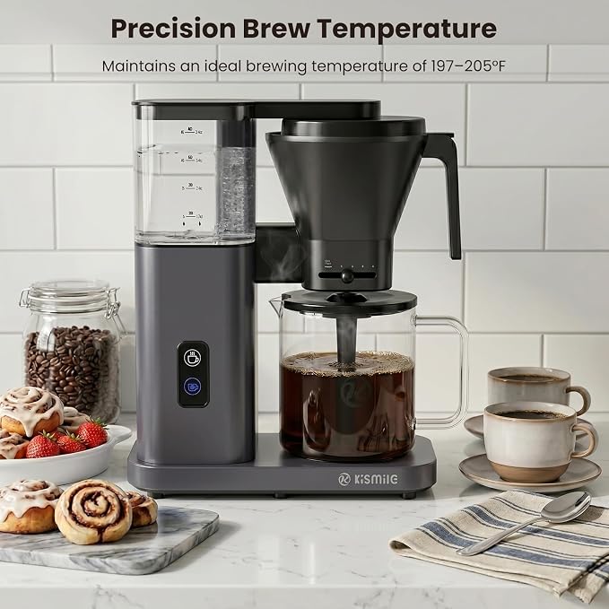 Kismile 8-Cup Coffee Maker, SCA Certified Hot & Cold Brew Coffee Machine, 6-Min Quick Brew, Magnetic Anti-Drip, Adjustable Flow Control, Keep Warm, Dishwasher Safe, DIY Manual Mode, Starry Gray