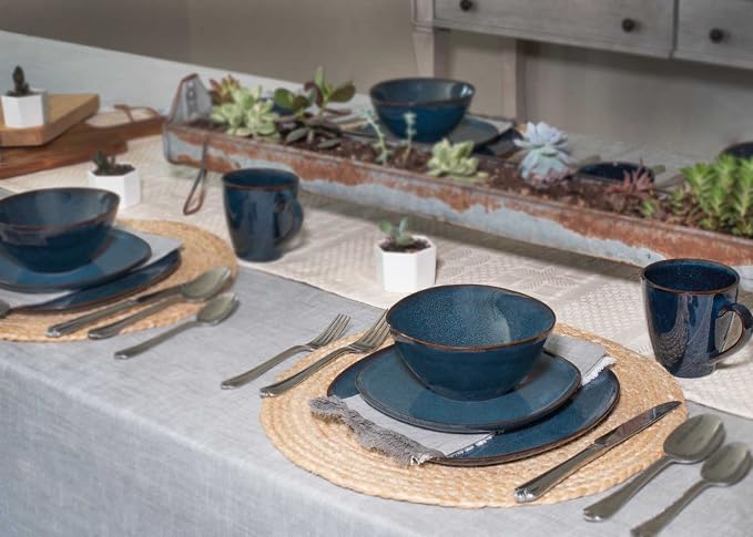 Elanze Designs 16-Piece Modern Luxury Chic Smooth Vintage Handmade Shape High Gloss Ceramic Stoneware Square Plate Mug & Bowl Kitchen Dinnerware 16 Piece Set - Service for 4, Navy Blue