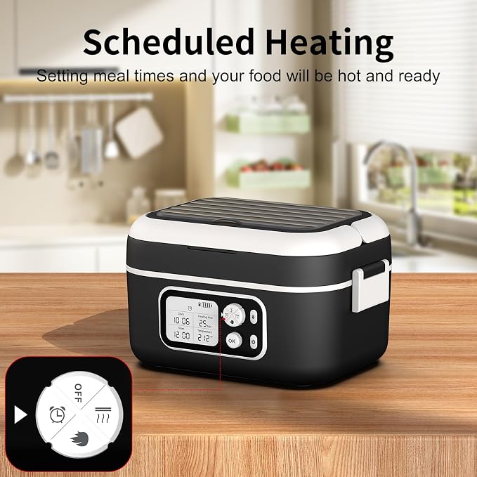Cordless Electric Heated Lunch Box, 1.5L - 6.3 Cups 100W Rechargeable Smart Self-Heating Food Warmer with Removable Divider, Spoon, Fork, BPA Free, Portable Lunchbox for Car Travel Office Black