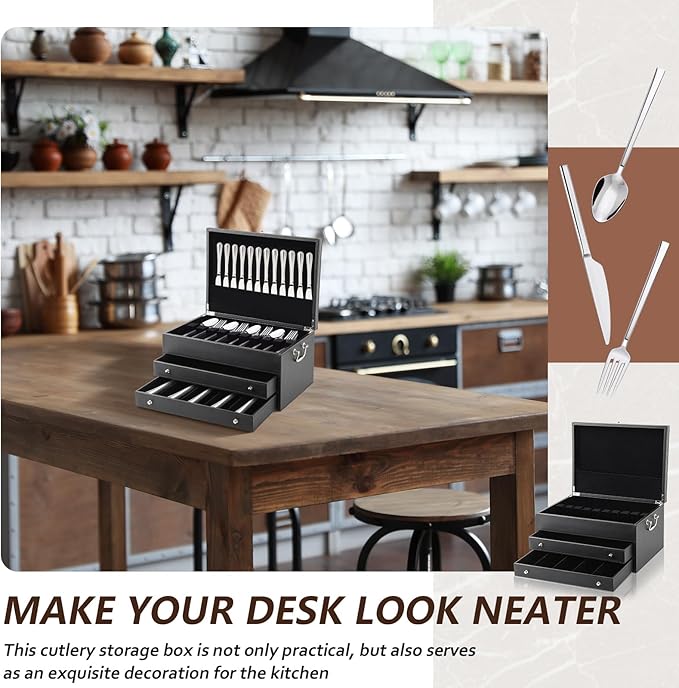 DoubleFill 3 Layer Leather Silverware Storage Box with Lid and Handles, Anti Tarnish Silverware Storage Chest Case with Felt-lined for 12-16 or More Sets of Utensils Flatware Gifts, 15.3x11.2x9 Inch