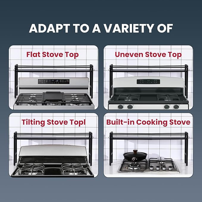 upgrade Stove Top Shelf，Over the Stove Spice Shelf for Kitchen,Spice Rack Shelf with 4 hooks Extra Storage Countertop, Seasoning Organizer,Kitchen Organizers and Storage (Black)