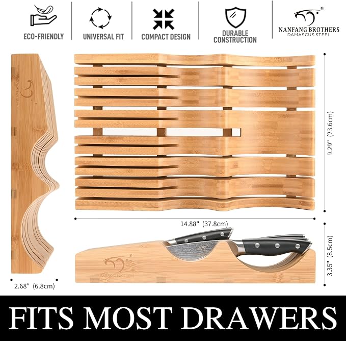 In-Drawer Knife Block with 14 Pieces Japanese Damascus Knives and Sharpener, Bamboo Knife Drawer Organizer with 67-Layer Damascus Steel, Slots for 13 Knives Kitchen Drawer, Counter Top