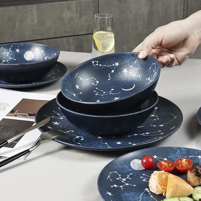 12 Piece Melamine Dinnerware Sets for 4 - Starry Pattern Camping Dishes Set for Indoor and Outdoor Use, Dishwasher Safe Plates and Bowls Sets, Dark Blue | Plates and Bowls Set Service for 4,Camping Dishes Set for Indoor Dining, Picnics, and Entertainin...