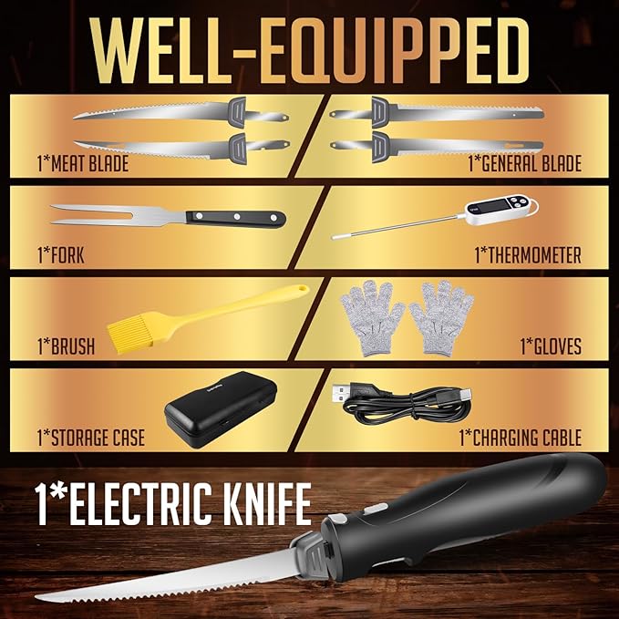 Electric Knife Set with 7-Inch Stainles Steel Blades, Safety Lock Button & Knife Stand, Ideal for Carving, Slicing & Cutting Meats, Turkey Bread & Craft Foam, Dishwasher Safe, Black