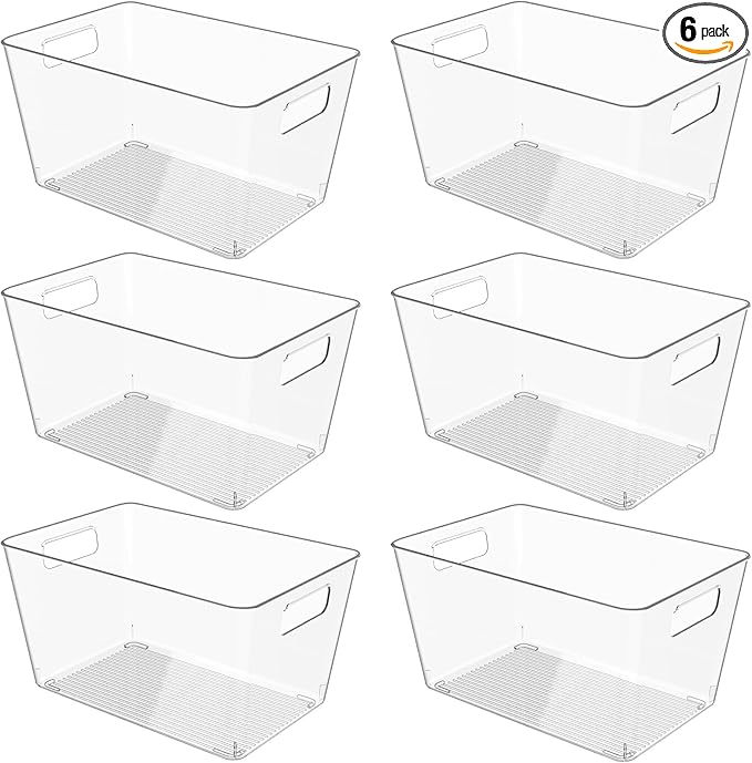 6 Pack Clear Plastic Storage Bins, 11" Large Pantry Organizer Bins with Handles, Plastic Containers for Refrigerator,BPA-Free Perfect for Kitchen,Fridge,Cabinet,Pantry(Cream)