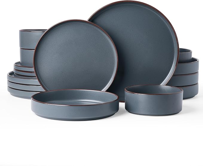 Famiware Nebula Ridge Stoneware Dinnerware Sets with Pasta Bowls, Plates and Bowls Sets, Service for 4 (16 Pieces), Microwave and Dishwasher Safe Kitchen Plates, Charcoal