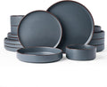 Famiware Nebula Ridge Stoneware Dinnerware Sets with Pasta Bowls, Plates and Bowls Sets, Service for 4 (16 Pieces), Microwave and Dishwasher Safe Kitchen Plates, Charcoal