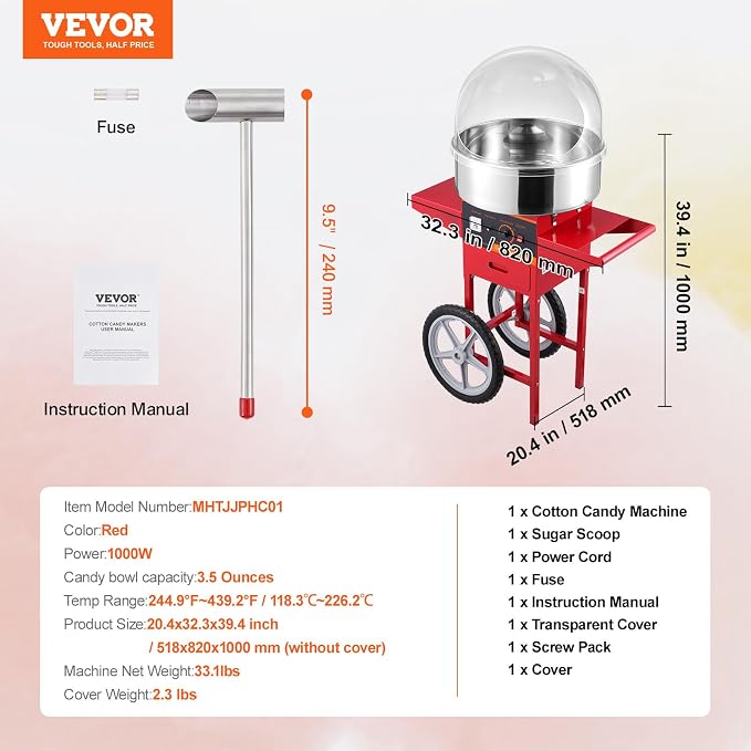 VEVOR Electric Cotton Candy Machine Cart with Cover, Commercial Floss Maker w/Stainless Steel Bowl, Sugar Scoop and Drawer, Perfect for Home, Carnival, Kids Birthday, Family Party, Red