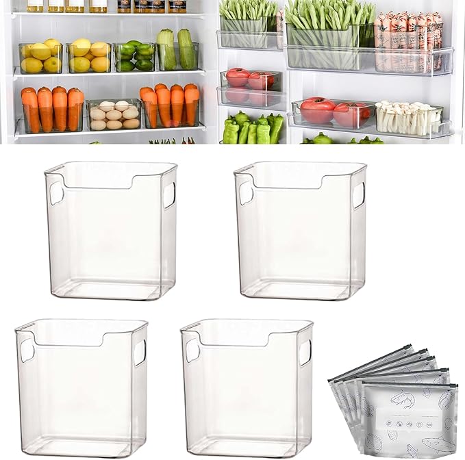 Crystal Clear Freezer Storage Bins - 4 Pack Stackable Freezer Organizer Bins, Clear Plastic Kitchen Cabinet Organizer for Meat, Veggies & Fruit (White, 4pcs-S)