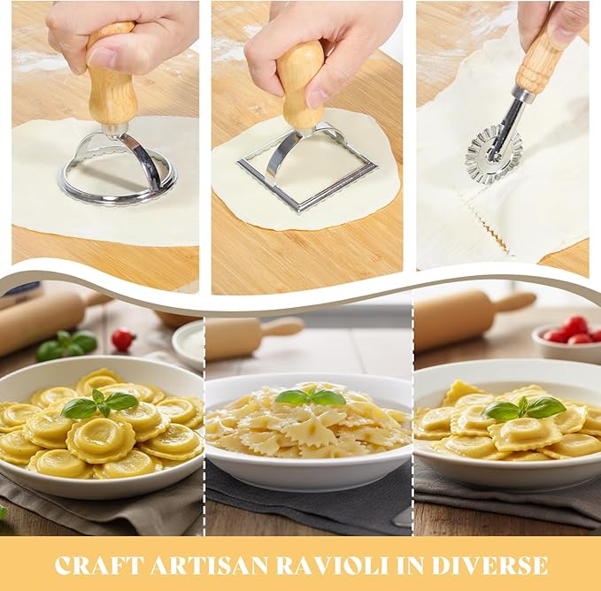 Pasta Making Tools,13PCS Wood Pasta Making Kit with Pasta Rolling Pin,Ravioli Mold,Ravioli Cutter,Gnocchi Board,Pasta Stamps,Dumpling Tools,Stick Dough Scraper Making Accessories