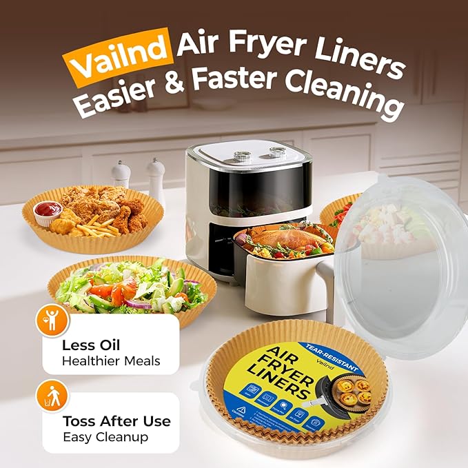 Vailnd Air Fryer Liners Disposable, 305 PCS 8" Round Unbleached Air Fryer Paper Liners, Heavy-Duty Air Fryer Liners for 5-8 qt Basket, Non-stick & Oil-Proof Parchment Paper for Oven, Pan