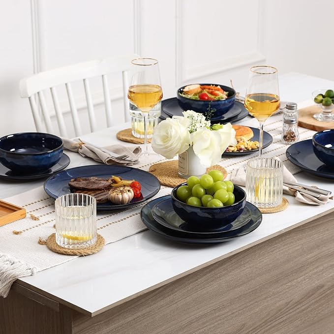Vicrays 12-Piece Ceramic Dinnerware Set, Dinner Plates, Salad Plates & Cereal Bowls, Dish Set for 4, Microwave, Oven & Dishwasher Safe, Scratch Resistant, Blue
