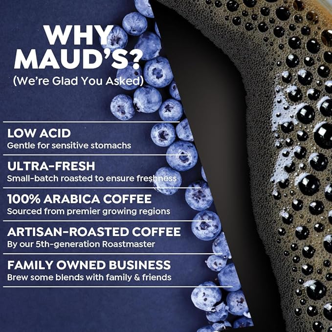 Maud's Blueberry Flavored Coffee Pods, 18 ct, Medium Roast Flavored Coffee in Single Serve Pods – 100% Arabica Beans, Compatible with Keurig K Cups Maker