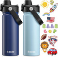 baab 20oz Kids Water Bottle, Insulated Kids Water Bottle with Lockable Spout Lid & Stickers, 18/8 Stainless Steel Vacuum Leakproof Kid Water Cup for Boy Girl & School (Navy Blue+Light Blue, 2 Pack)