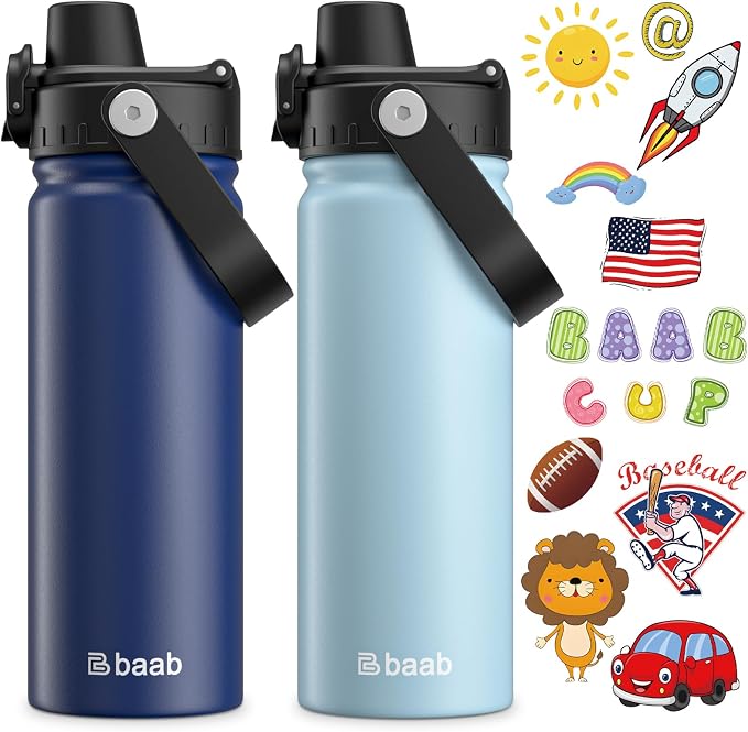 baab 20oz Kids Water Bottle, Insulated Kids Water Bottle with Lockable Spout Lid & Stickers, 18/8 Stainless Steel Vacuum Leakproof Kid Water Cup for Boy Girl & School (Navy Blue+Light Blue, 2 Pack)