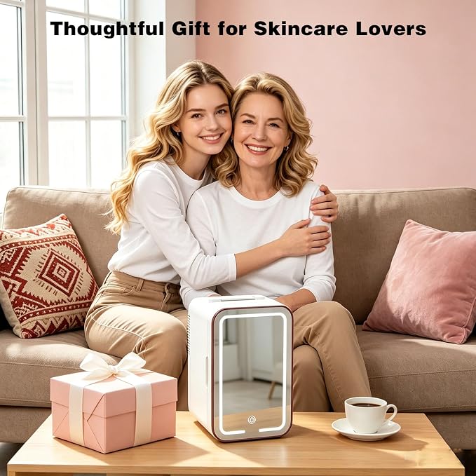 YLFU Skincare Fridge, 6L Small Mini Fridge for Bedroom with 3-Level LED Mirror for Makeup Cosmetics, Cooler & Warmer Personal Refrigerator for Drink Office Dorm and Food
