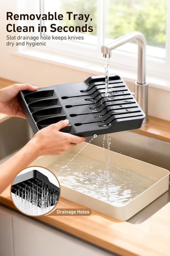 MAD SHARK 2-in-1 Detachable Knife Block & Silverware Organizer, Drawer Knife Holder for 10 Knives, BPA-Free, Blade-Safe Slots, Save Counter Space, Kitchen Drawer or Counter Storage, No Knives
