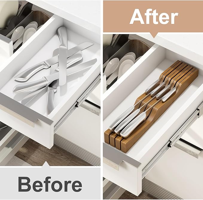 In-Drawer Knife Block Organizer - Bamboo Wood Drawer Knife Organizer-Protecting Knife Organizer Block (Not Included) (Brown, 7 Knives Dock)