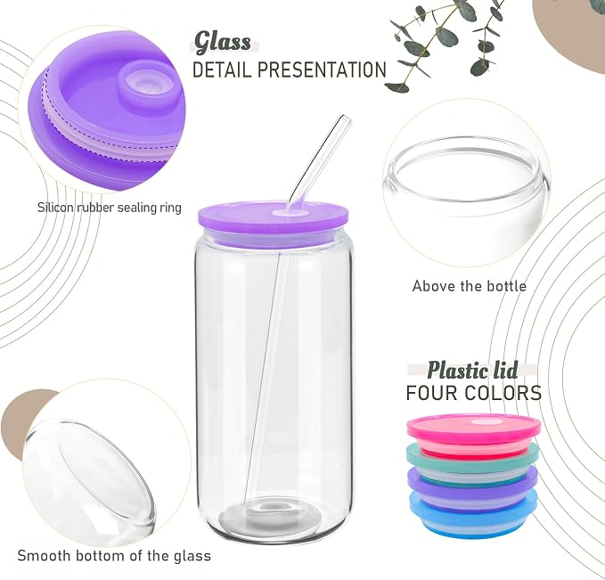 20 Pack Drinking Glass Cups with Acrylic Lids and Glass Straw Beer Can Shaped Drinking Glasses Cups, Glass Tumbler Reusable Cute Cups for Whiskey, Iced Coffee, Tea, Soda, Cocktail, Gift, Clear 16oz