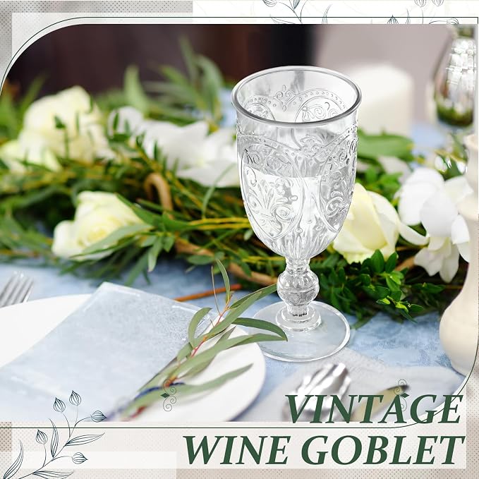 Wiwiqing 6 Pcs Plastic Goblets 7.5oz Vintage Goblet Plastic Wine Glasses Colored Retro Embossed Water Goblets for Wine Bar Juice Baby Shower Wedding Reception Grand Event Party (Clear)
