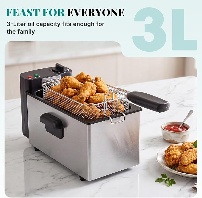 OLIXIS Deep Fryer for Home Use, Small Electric Fryer with 3 Liter Capacity, 1500W Power, 4 Adjustable Temp, Lid with Viewing Window for Fried Chicken, Shrimp, French Fries, Silver