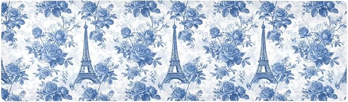 2 in 1 Table Runner Trivet for Hot Pots and Pans Heat Resistant Non Slip Waterproof 39 x 12 Inch Decorative Table Protector for Kitchen Countertop Blue Roses and Eiffel Tower