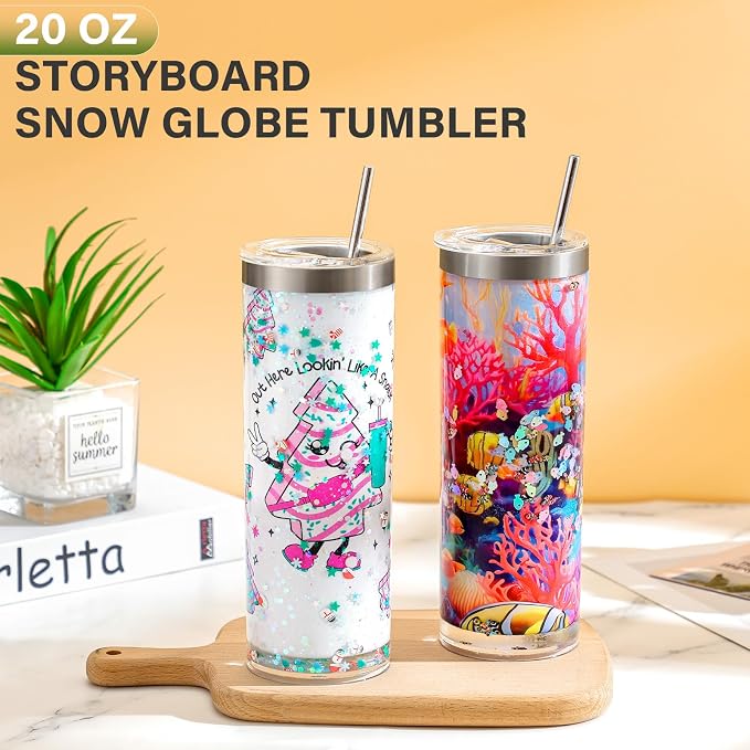 20 Oz Sublimation Storyboard Snow Globe Tumbler Cup, 4 Pack | innner stainless steel, outer acrylic, pre-drilled, double wall, snow globe cup, sublimation coating, individually boxed